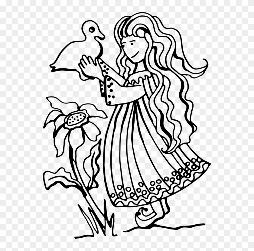 Drawing Line Art Coloring Book Child Visual Arts - Black & White Clip Art Girl With Duck #1348858
