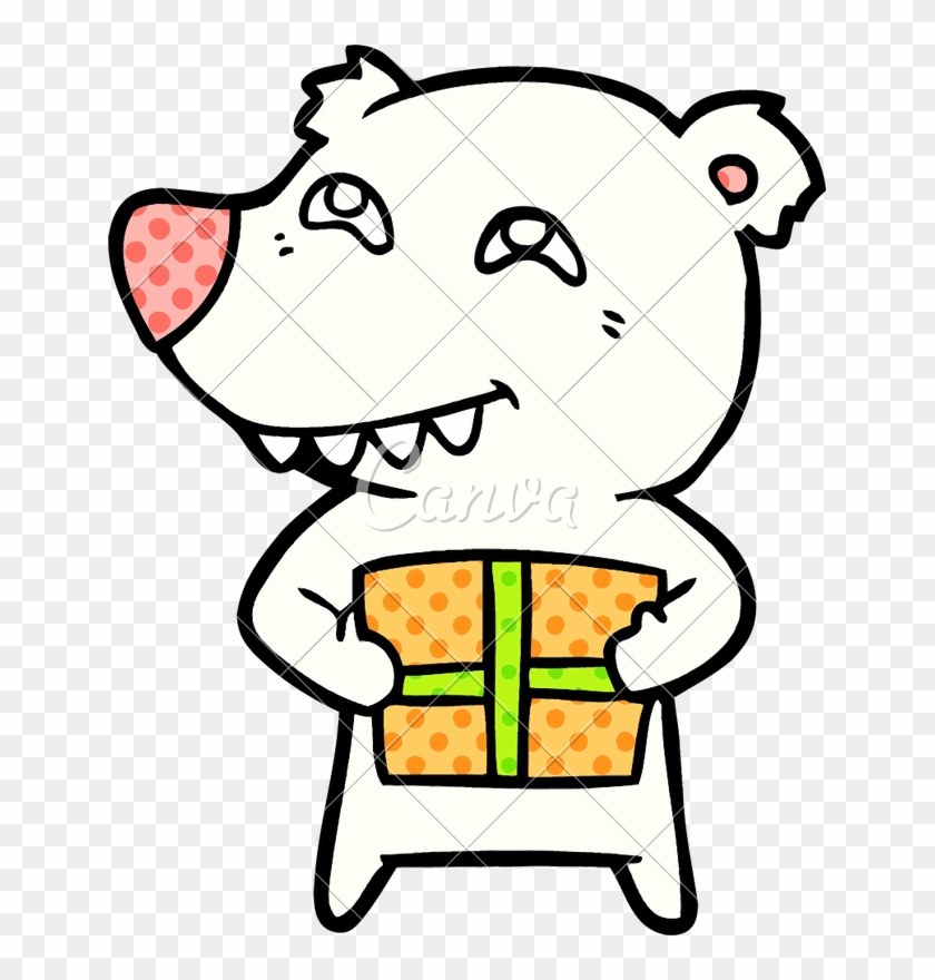 Polar Bear With Christmas Present Cartoon - Vector Graphics #1350662