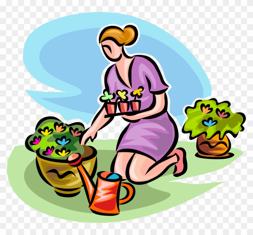 Vector Illustration Of Gardener With Watering Can Plants - Planting Flowers #1353044