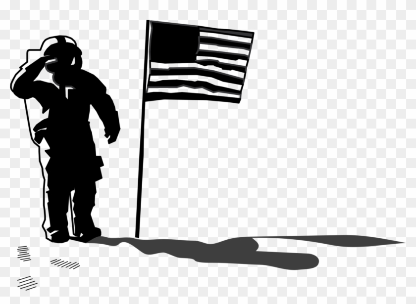 First On The Moon Astronaut Silhouette Space Exploration - Astronaut With Flag Clipart Black And White #1356154