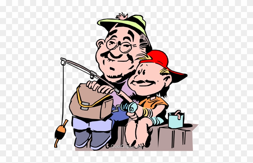 Father And Son Fishing From Dock Royalty Free Vector - Grandpa And Grandson Cartoon #1359804