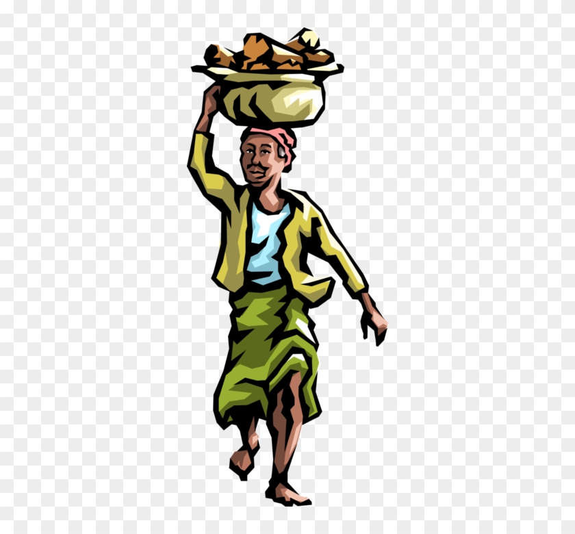 Vector Illustration Of African Native Peasant Woman - Basket On Head Cartoon #1360172