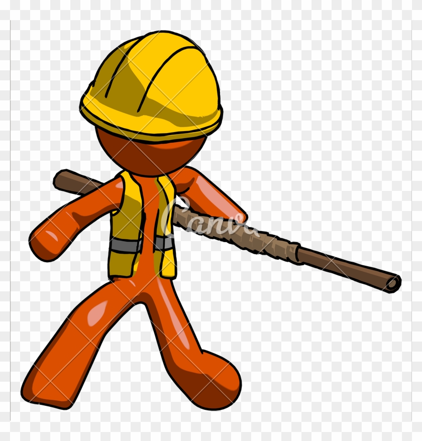 Orange Construction Worker Contractor Man Bo Staff - Cartoon #1360717