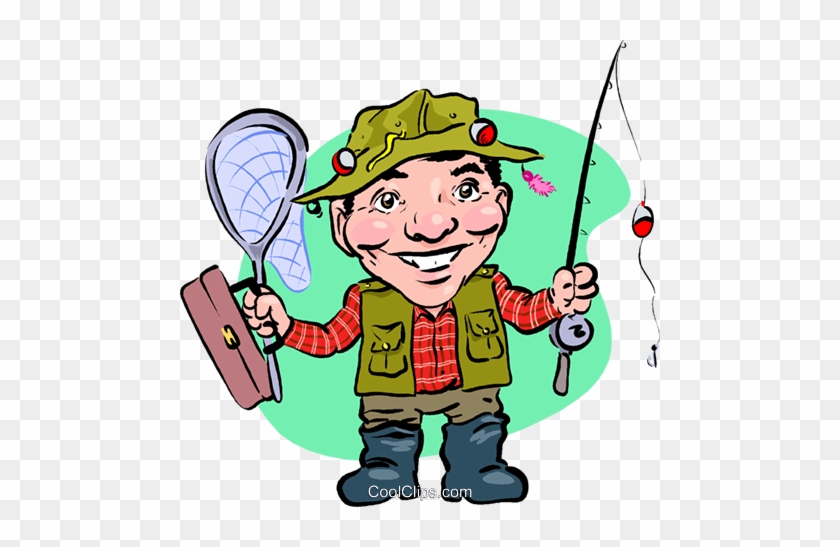 Fisherman With Pole, Net And Tackle Box Royalty Free - Clip Art #1361045