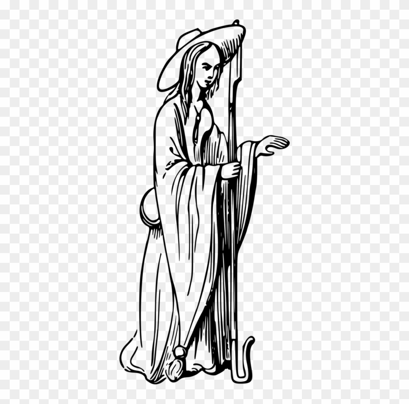 Drawing Woman Playing Lute Black And White Line Art - Clip Art #1364569