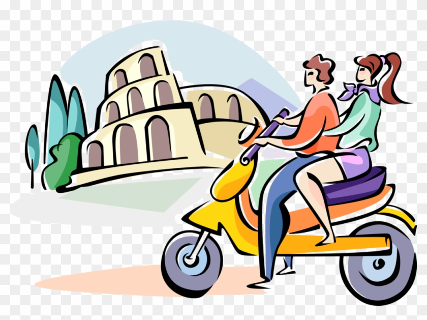 Vector Illustration Of Couple Driving By Roman Coliseum - Clipart Italy #1397068