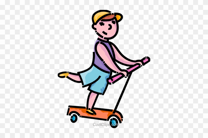 Boy On His Scooter Royalty Free Vector Clip Art Illustration - Roller Clipart #1410758