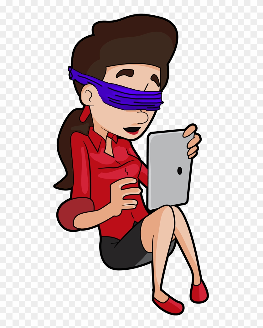 A Woman Wearing A Blindfold Is Trying To Use An Ipad - Cartoon #1418803