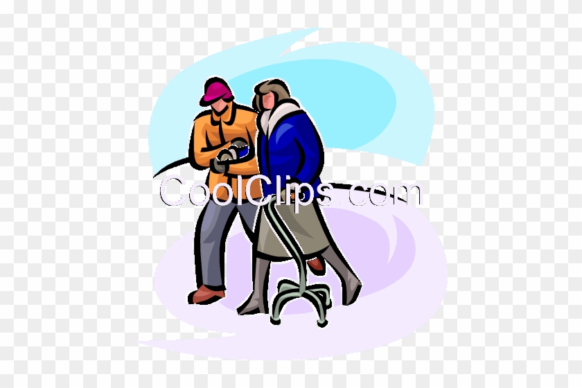 Couple Walking In The Cold With A Walker Royalty Free - Cartoon #1419850