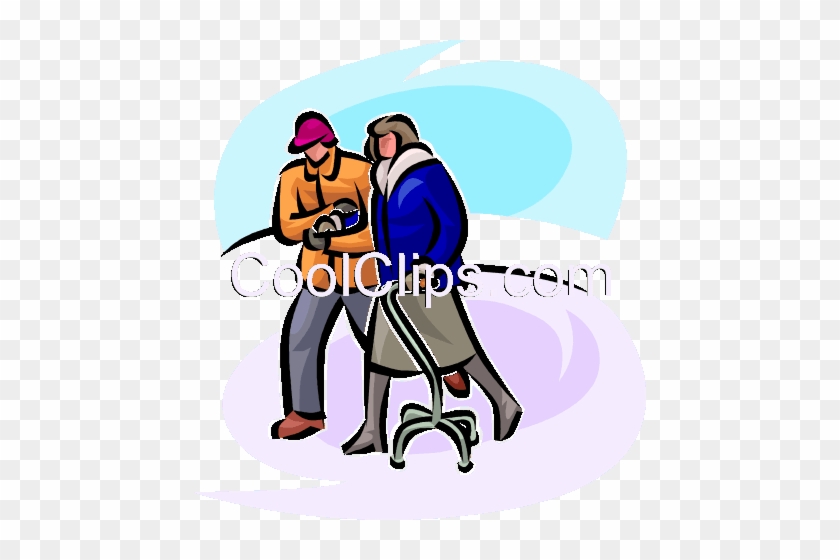 Couple Walking In The Cold With A Walker Royalty Free - Cartoon #1419850
