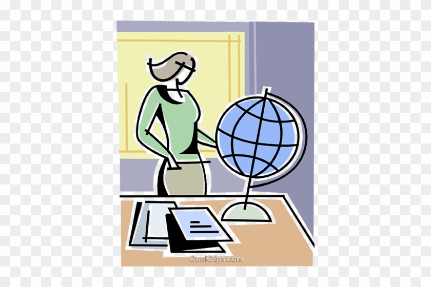Woman At Desk Looking At Globe Royalty Free Vector - Возникновение И Развитие Педагогики #1431509