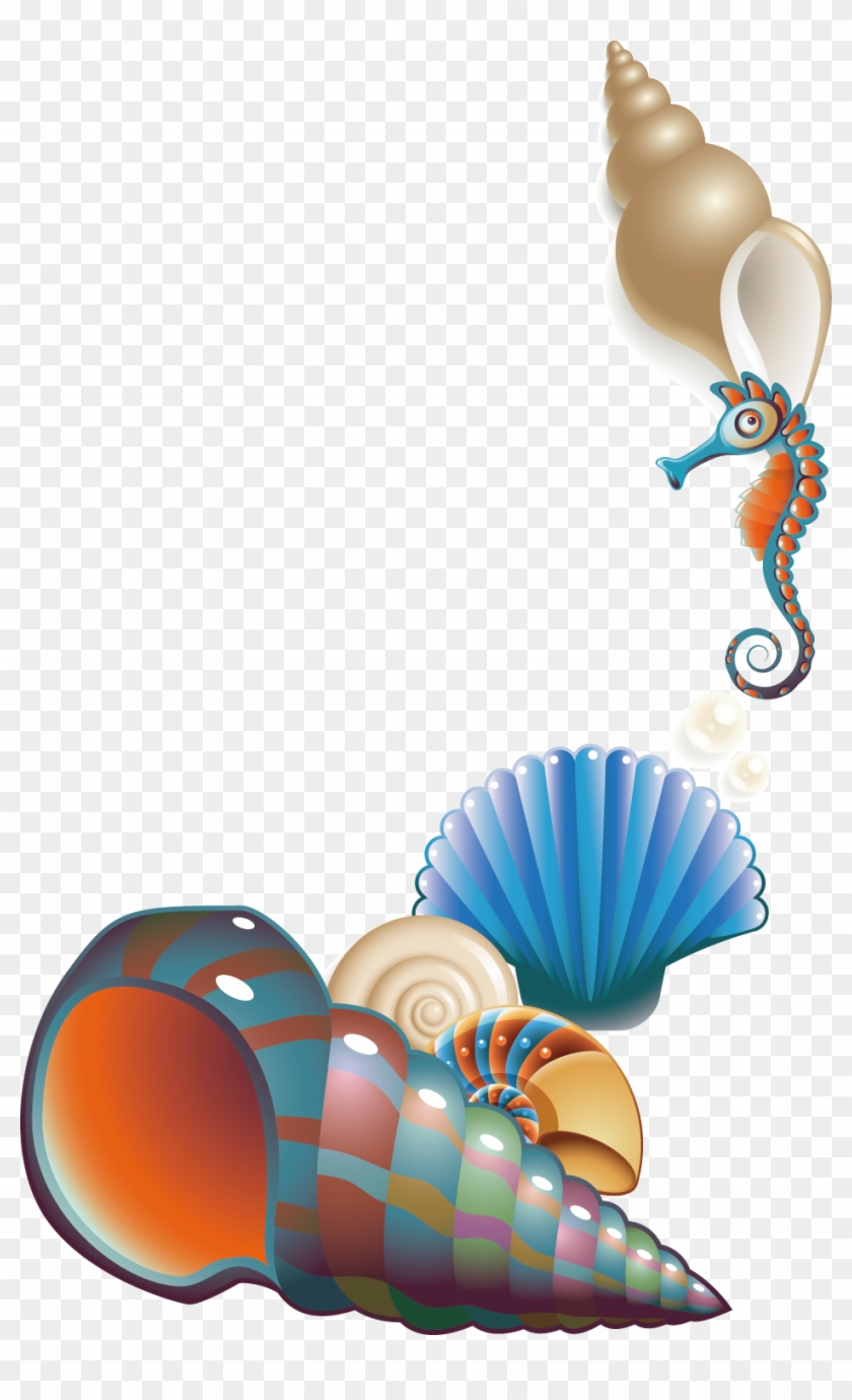 Seashell Poster Clip Art Marine Hippocampus Creative - Sticker Coquillages Et Hippocampes #1434395
