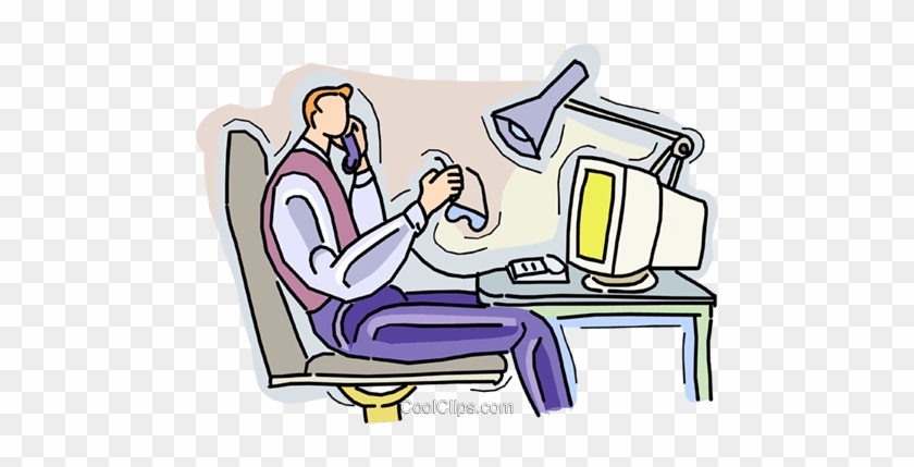 Working At Computer Talking On The Phone Royalty Free - Illustration #1437671
