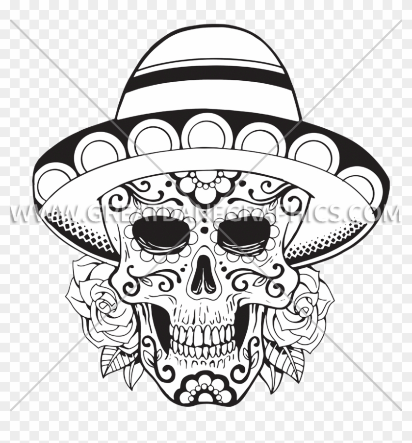 Clipart Library Stock Black And White - Sugar Skull With Sombrero #1446739