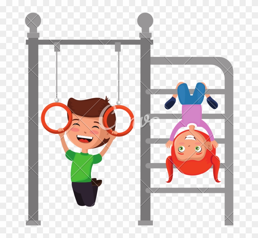 Kids Playing In Park Playground Rings Hanging - Vector Graphics #1452447