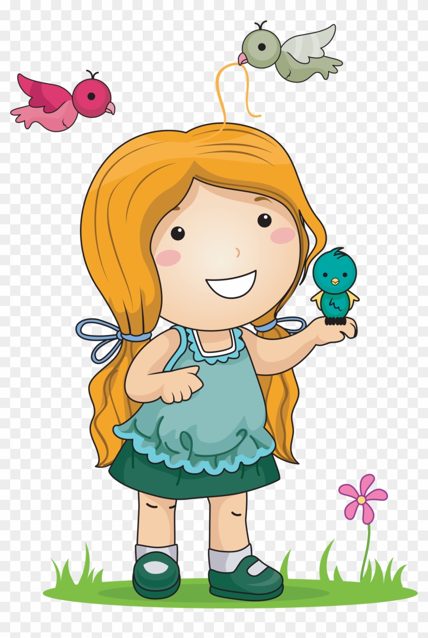 Royalty Free Clipart Image Of A Little Girl Playing - Girl With Bird Cartoon #228013