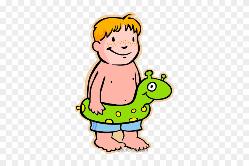 Boy With Blow Up Air Dinosaur Royalty Free Vector Clip - Cartoon Boy In Swim Trunks #1466951