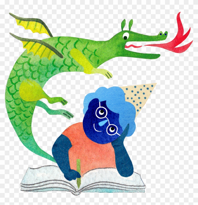Graphic Of A Boy Reading And Imagining A Dragon - Cartoon #231506