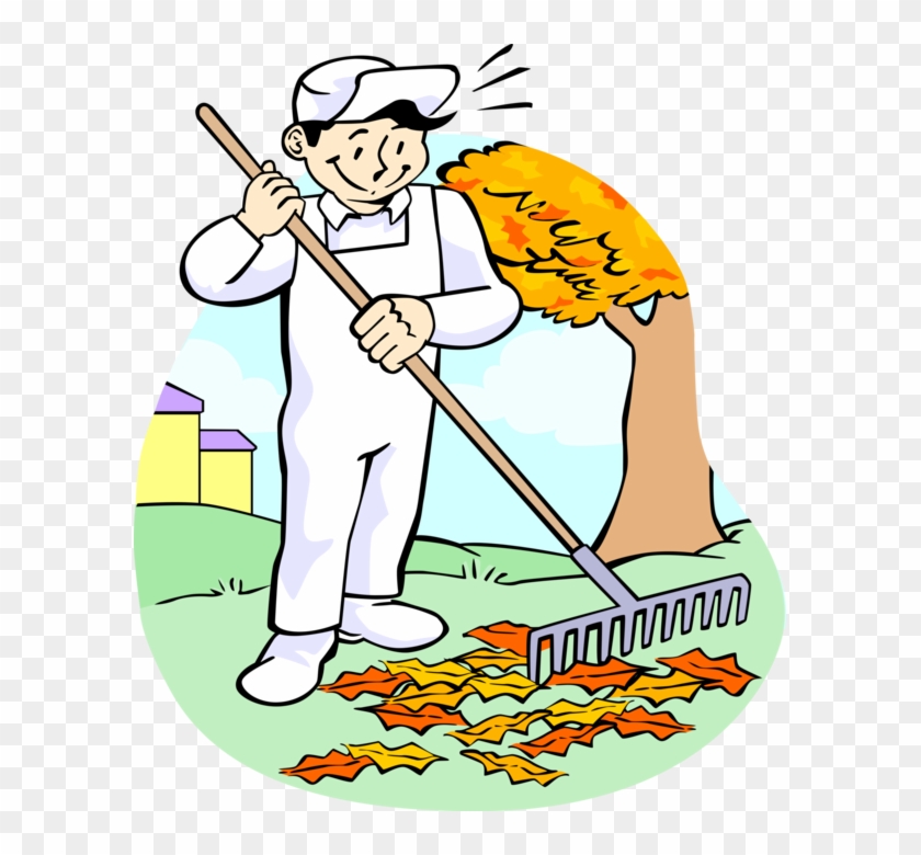 Vector Illustration Of Lawn Care Groundskeeper Raking - Vector Illustration Of Lawn Care Groundskeeper Raking #1495651