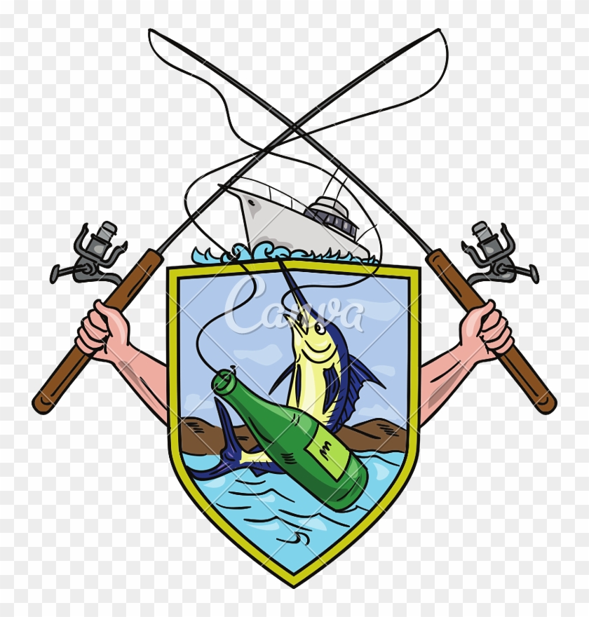 Fishing Rod Reel Blue Marlin Beer Bottle Coat Of Arms - Fishing Rod Reel Blue Marlin Beer Bottle Coat Of Arms #1499169