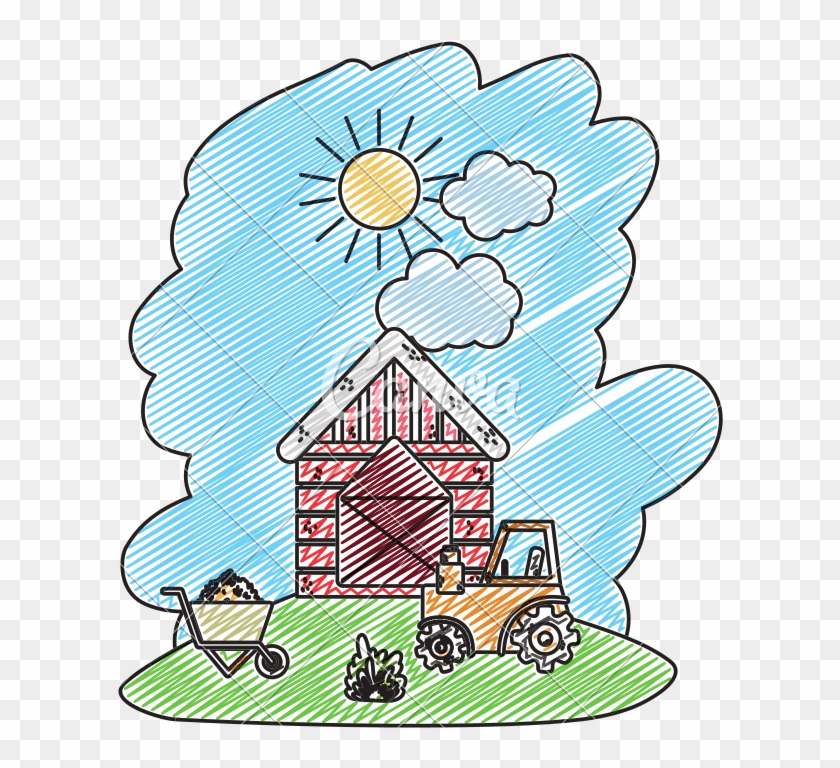 Doodle House Farm With Tractor And Handcart With Straw - Doodle House Farm With Tractor And Handcart With Straw #1530903