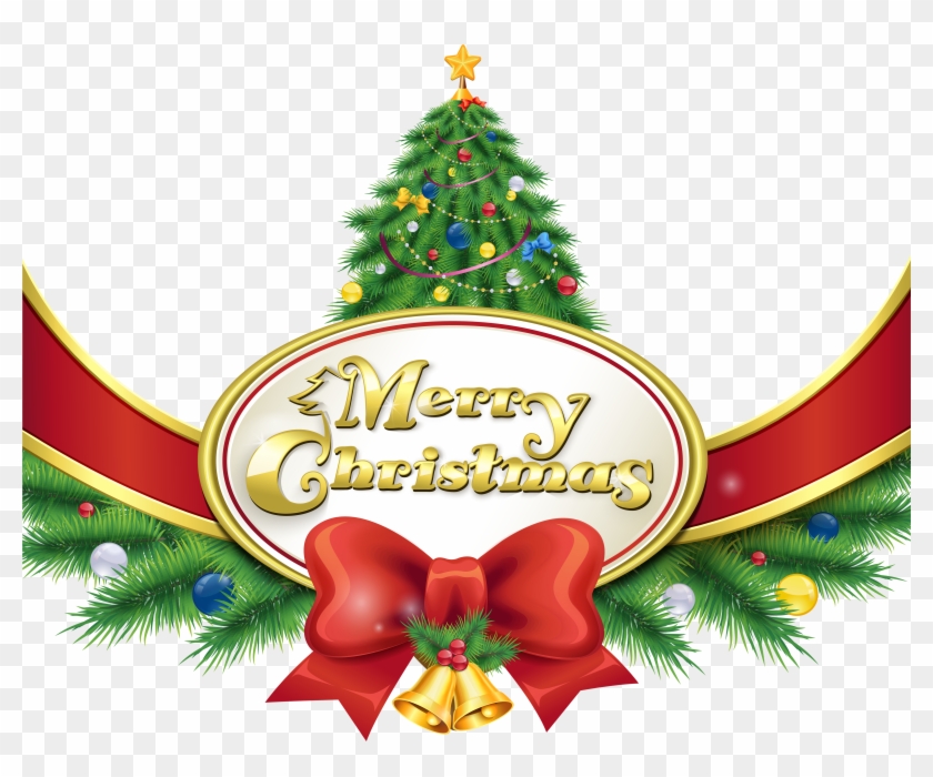 Merry Christmas With Tree And Bow Png Clipart Imageu200b - Christmas Tree Merry Christmas #43307