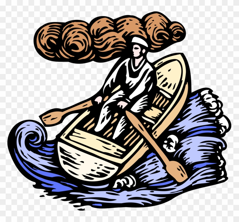 Vector Illustration Of Sailor Rowing With Oars In Rowboat - Vector Illustration Of Sailor Rowing With Oars In Rowboat #1568949