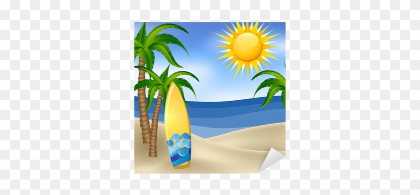 Summer Background With Surfboard And Palm Trees Sticker - Summer Background With Surfboard And Palm Trees Sticker #1573724