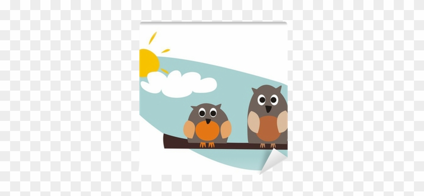 Funny Owls Sitting On Branch On A Sunny Day Vector - Funny Owls Sitting On Branch On A Sunny Day Vector #1580339