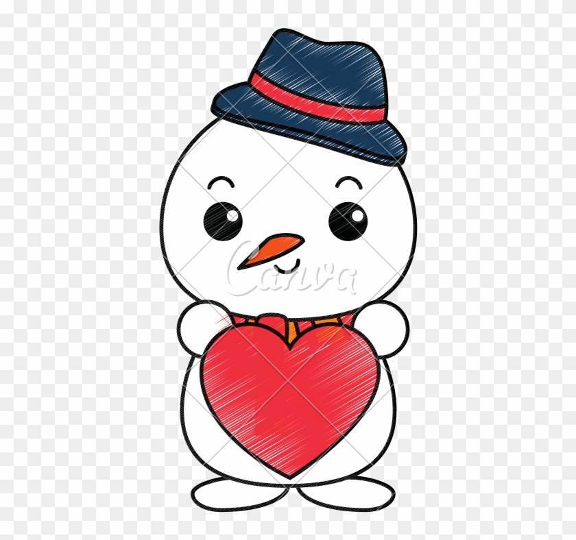 Snowman With Christmas Hat And Heart Kawaii Character - Snowman With Christmas Hat And Heart Kawaii Character #1580517