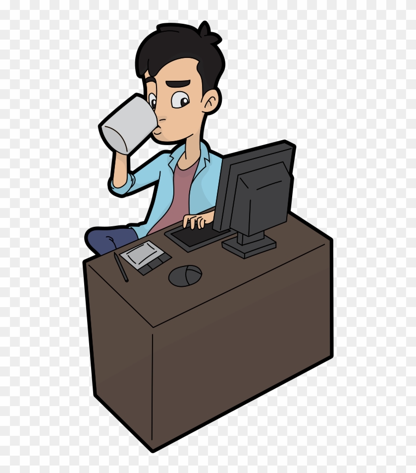 Cartoon Guy Drinks While Using A Computer - Guy On Computer Cartoon #1590007