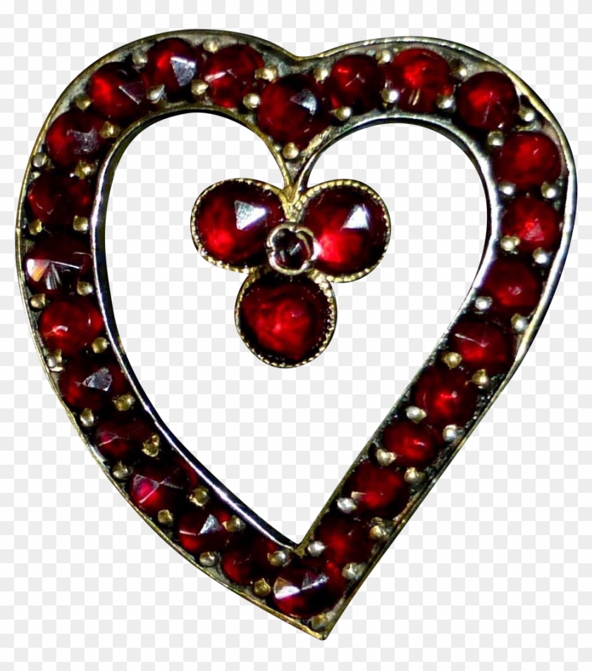 Victorian Rose Cut Garnet Stylized Heart W Small Clover - Victorian Rose Cut Garnet Stylized Heart W Small Clover #1590778
