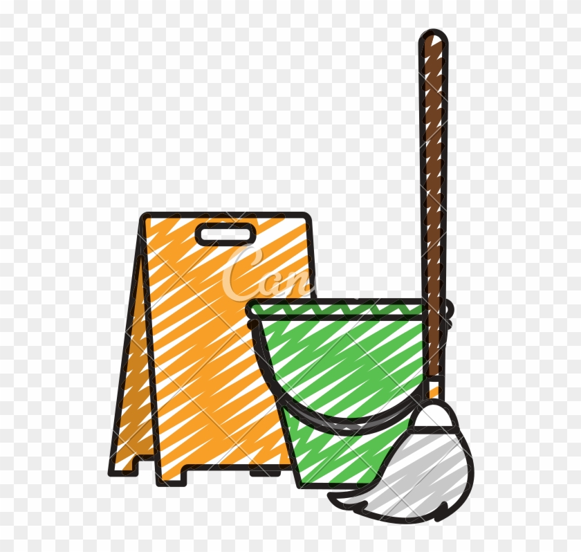 Doodle Mop With Caution Met Floor And Pail Object - Mop #1591607