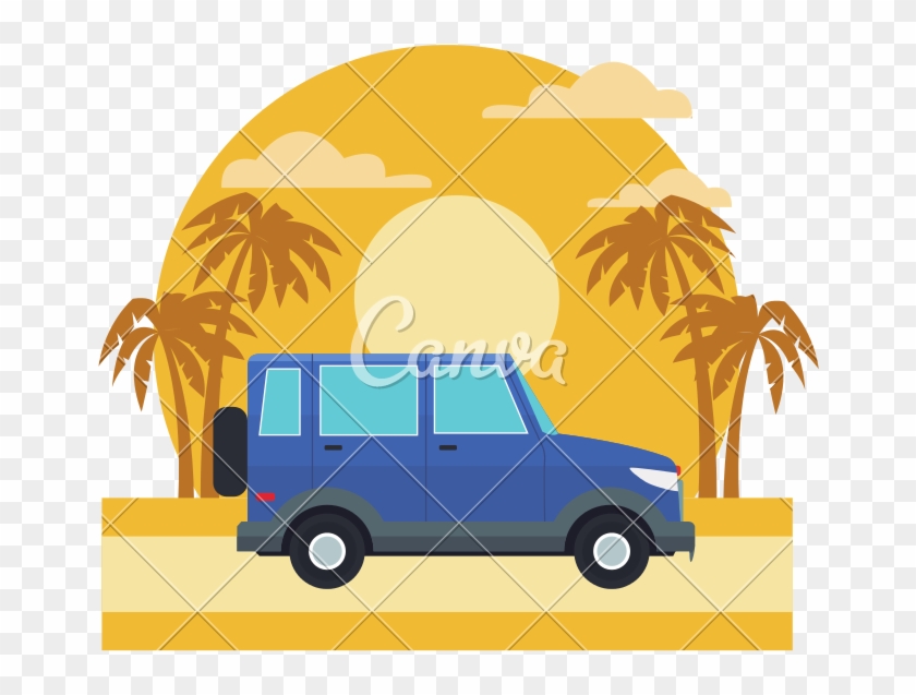 Suv Sport Vehicle On Sunset Landscape - Vector Graphics #1593297