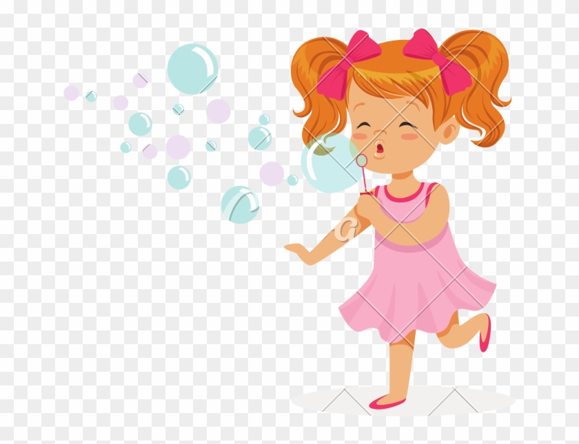 Happy Redhead Girl In Pink Dress Blowing Bubbles Vector - Niña Soplando Burbujas Dibujo #1593830