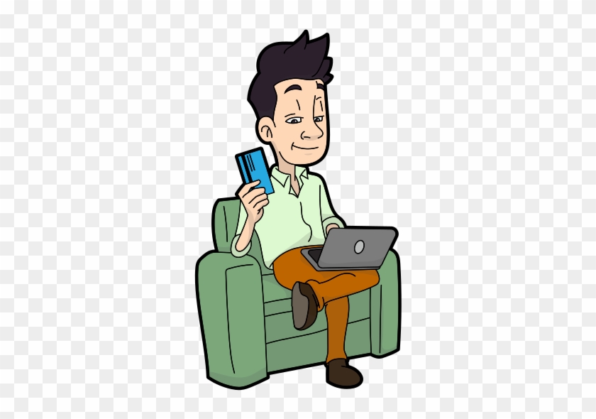 Cartoon Man Using A Credit Card To Shop Online - Sitting #1597424