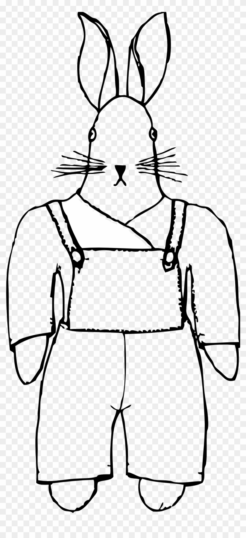 Bunny In Overalls Front View Black White Line Art 999px - Cartoon Dungarees #1609643