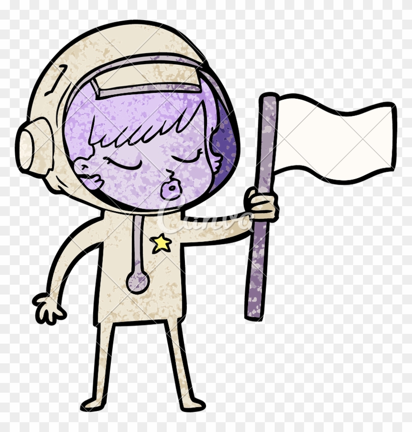 Cartoon Pretty Astronaut Girl Planting Flag - Vector Graphics #1611854