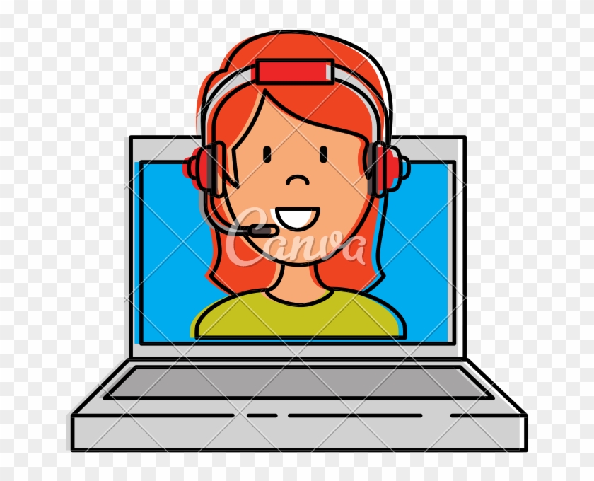 Laptop With Call Center Woman Agent - Cartoon #1612097