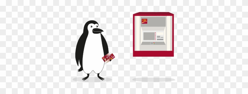 Percy Penguin Stands In Front Of An Atm With His Cibc - Cibc Penguin Png #1613361
