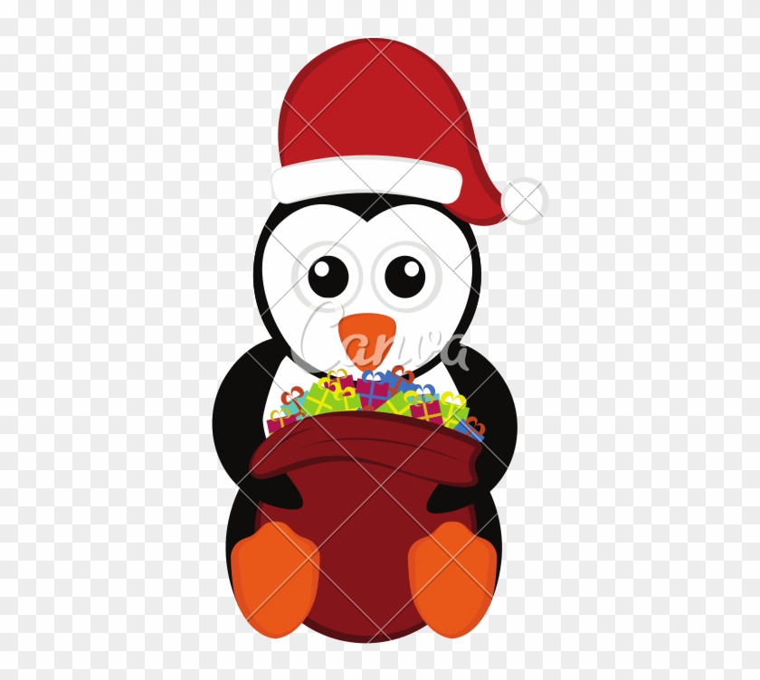 Christmas Penguin Holding A Present Bag - Cartoon #1617845