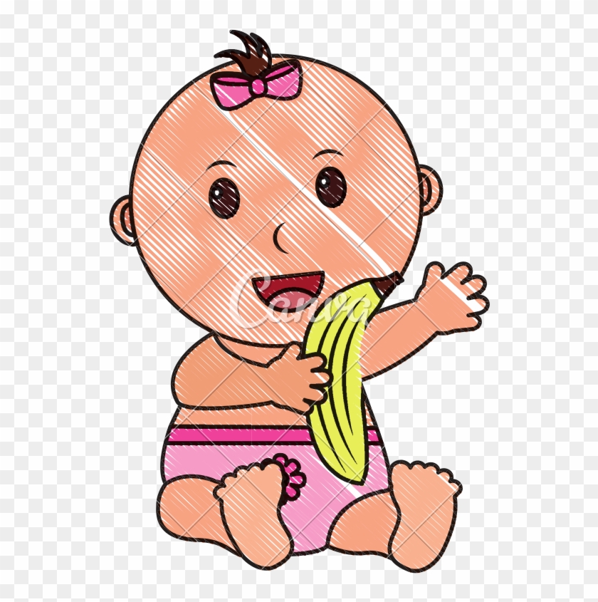 Baby Girl With Diaper And Fruit Banana - Baby Girl Outline #1620039