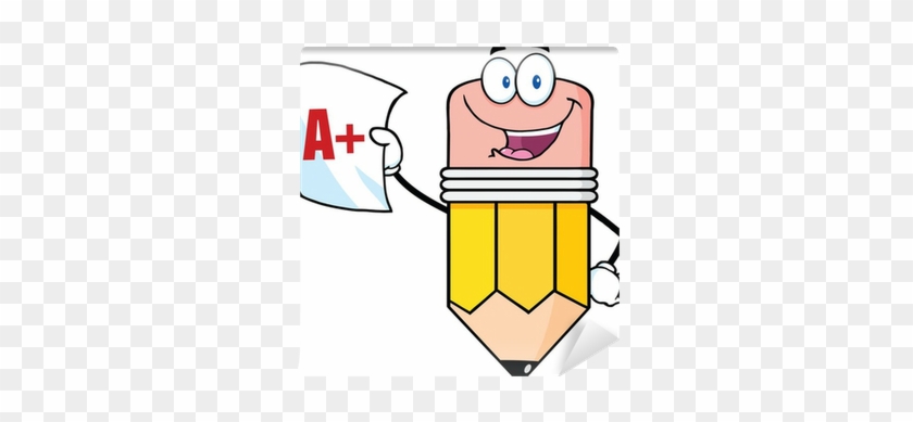 Smiling Pencil Holding An A Plus Report Card Wall Mural - Teacher Cartoon Black And White #1620475