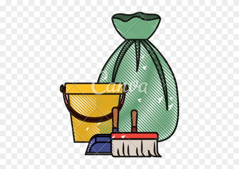 Bucket And Dustpan And Broom And Garbage Bag In Colored - Illustration #1623227