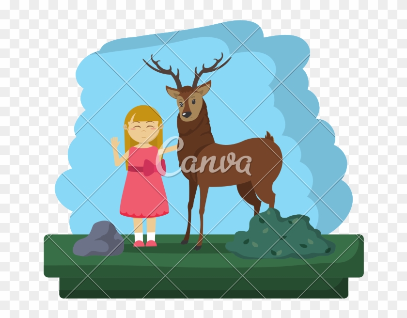 Happy Girl With Deer Animal Reserve - Illustration #1624218