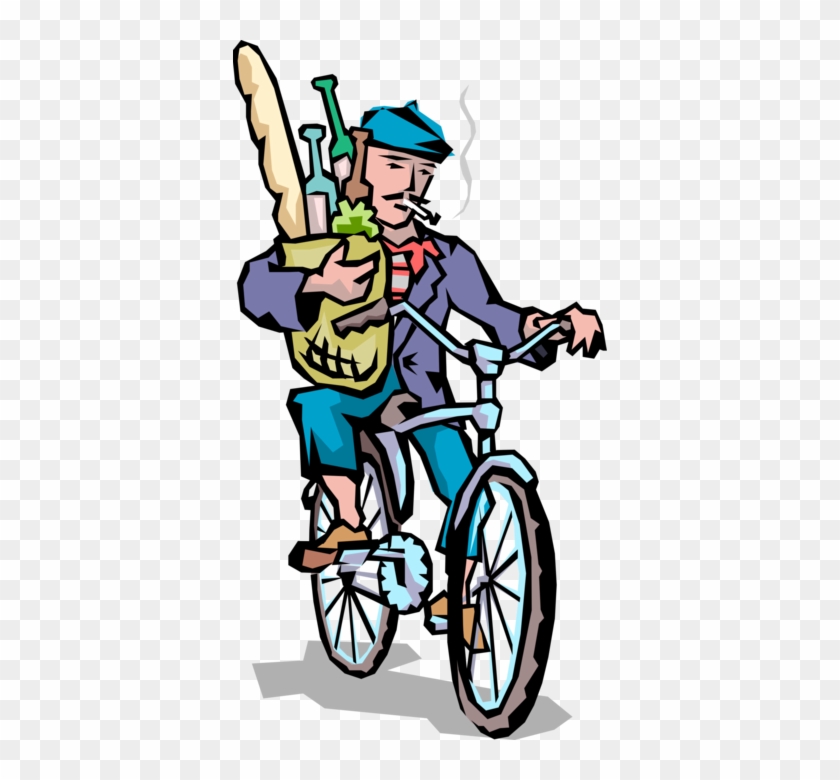 Vector Illustration Of Frenchman On Bicycle Carries - French Man On Bicycle With Baguette #1624269