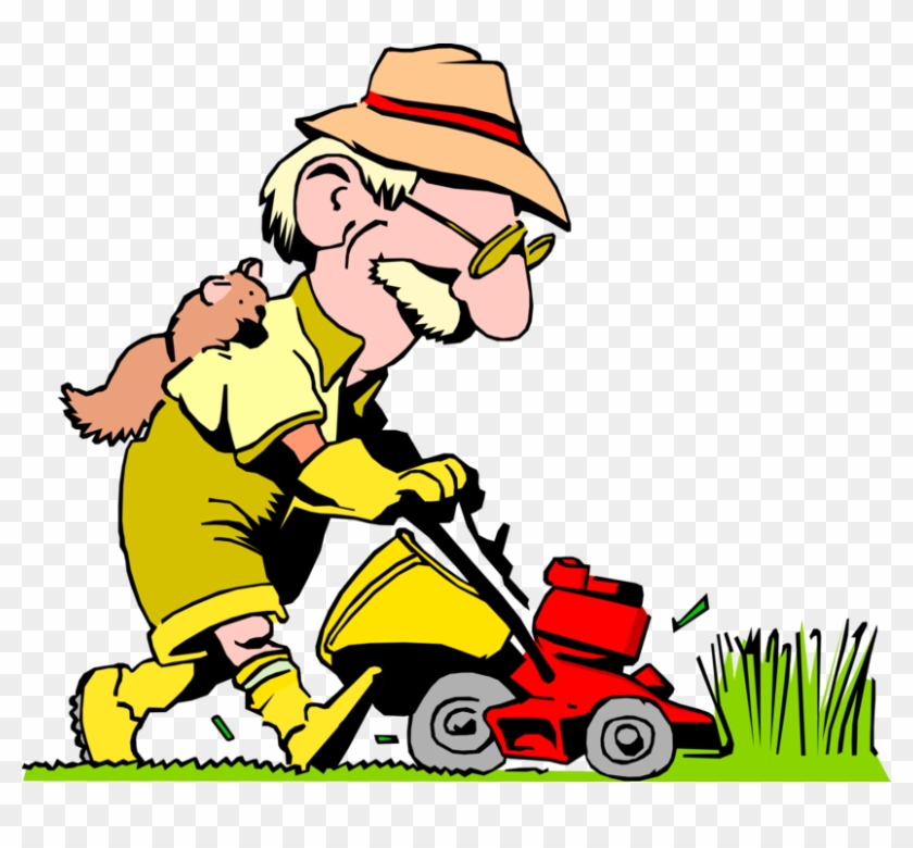 Vector Illustration Of Man With Squirrel Mows The Lawn - Old Man Mowing Lawn Cartoon #253181