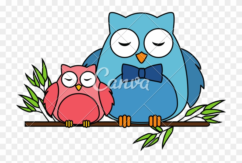 Cute Father And Daughter Owls In Branch Characters - Cartoon #1632164