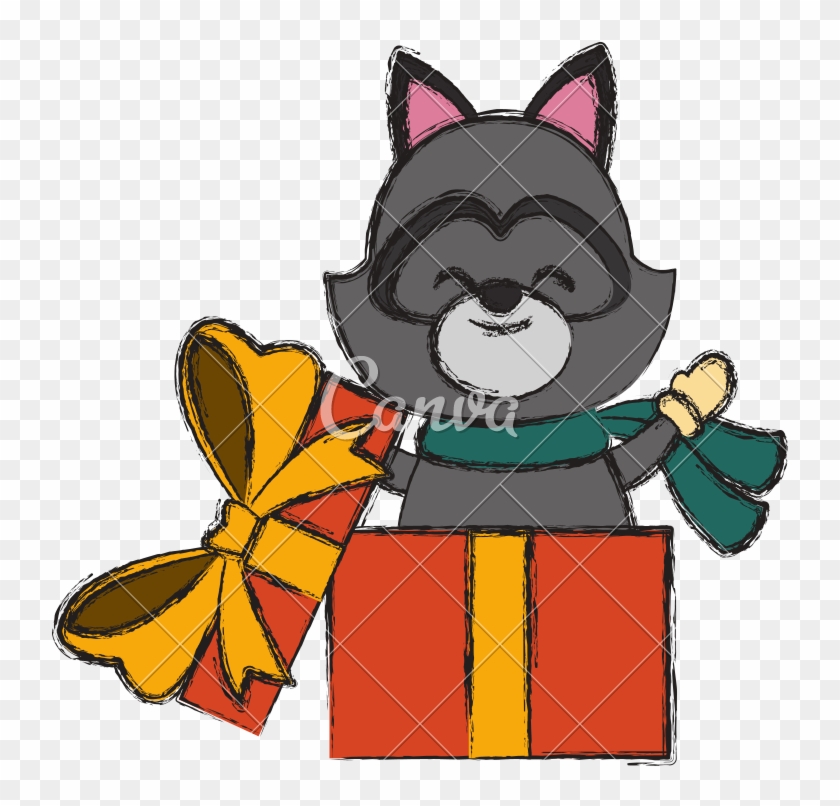 Raccoon In Giftbox - Cartoon #1632546