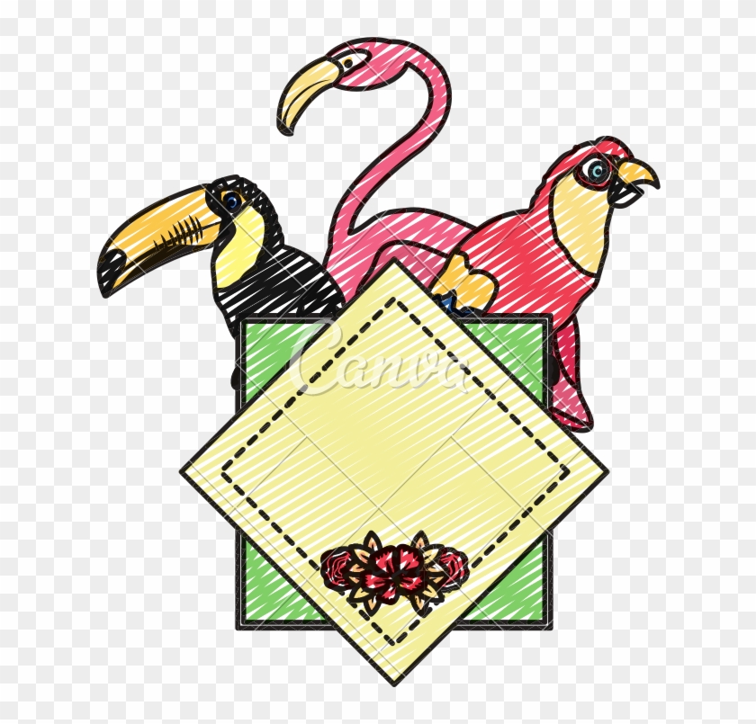 Doodle Tropical Emblem Pelican With Parrot And Flemish - Bird #1635269